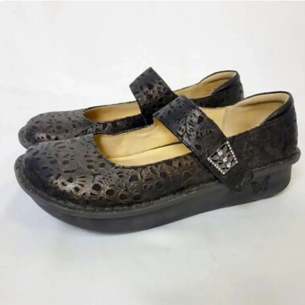 Alegria Paloma 845 TREASURE Bronze Black Textured Floral Slip On Mary Jane Clogs